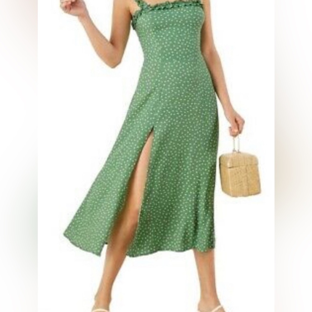 Reformation Green Polka Dot Strappy Midi Dress Size 0 (shortened)